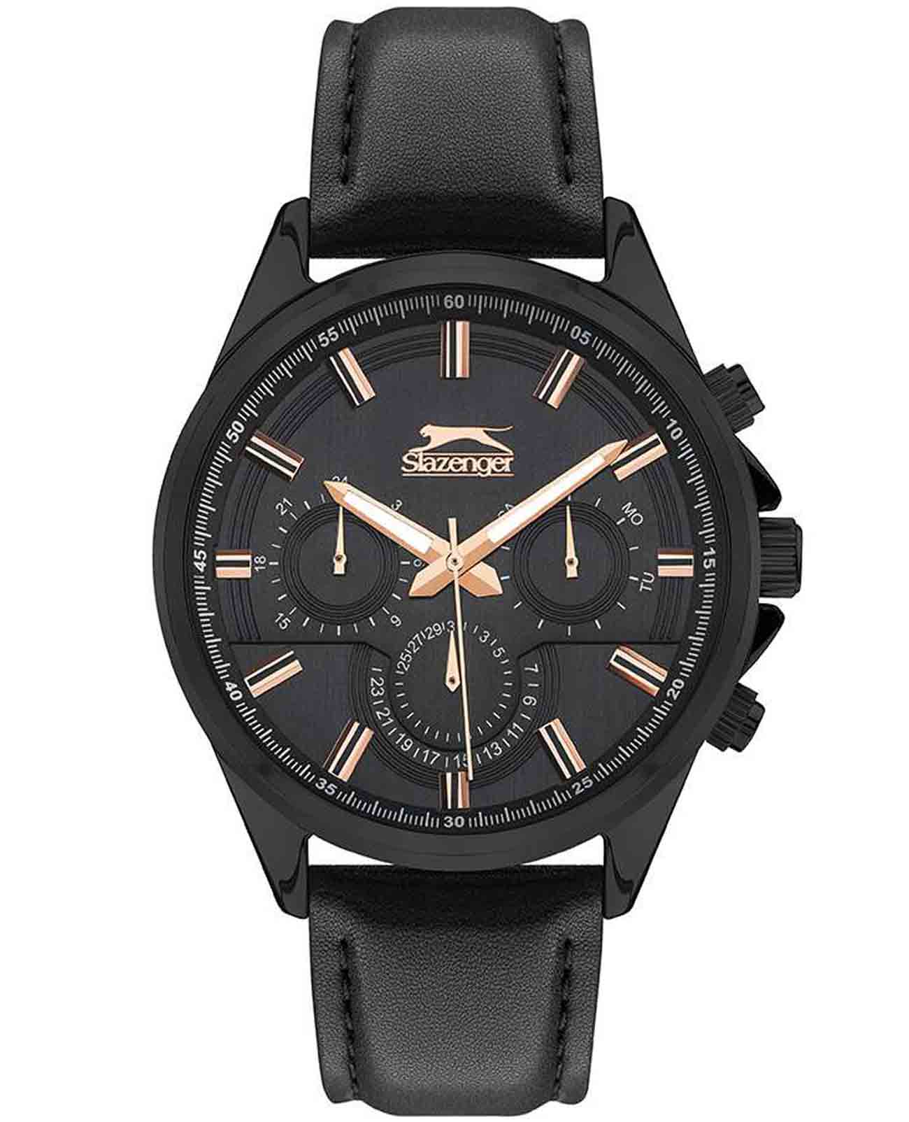 Slazenger Slazenger SL.09.2067.2.03  SL.09.2067.2.03 кварцевые мужские часы черный циферблат, браслет кожаный — вид спереди