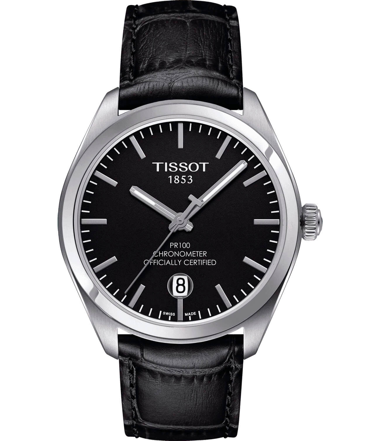 Tissot Tissot PR 100 COSC T101.451.16.051.00 PR 100 T1014511605100 кварцевые мужские часы черный циферблат, браслет кожаный — вид спереди
