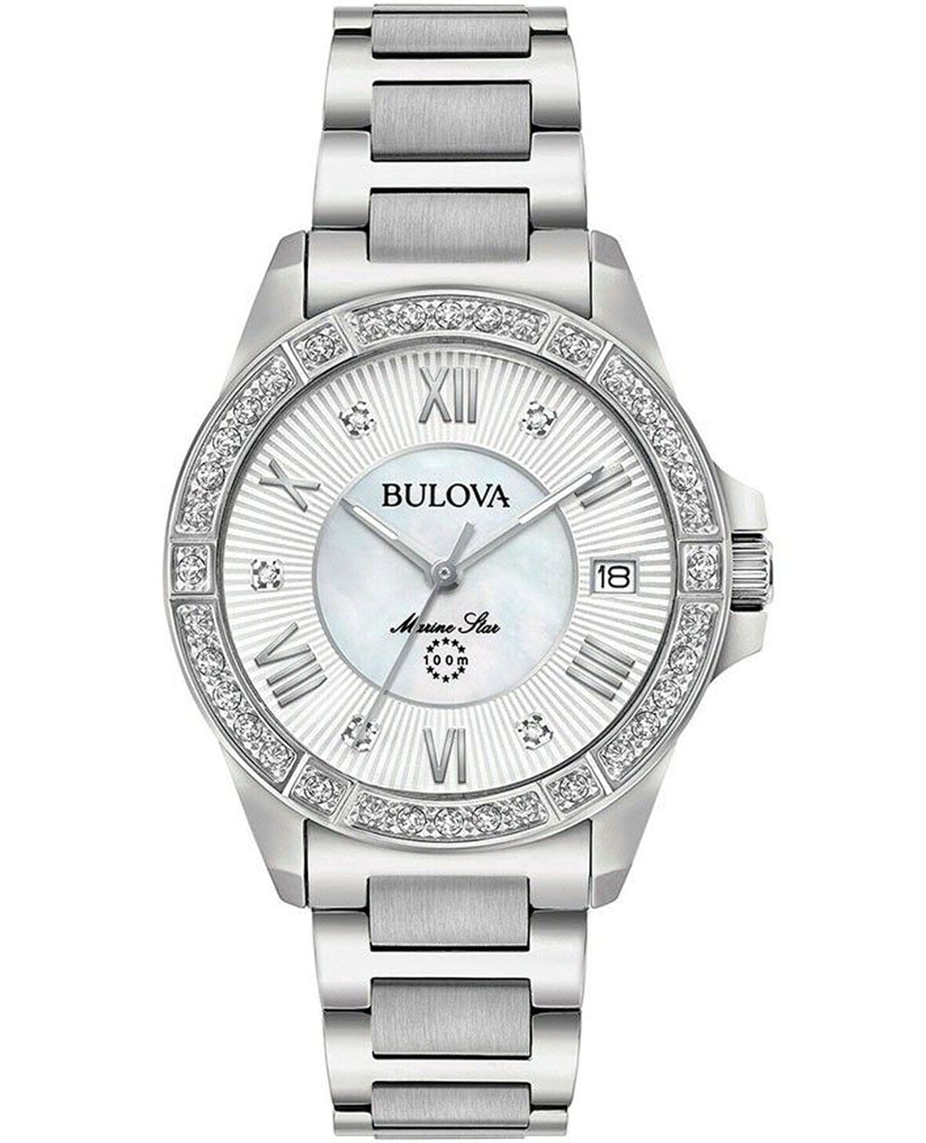 Bulova Bulova Marine Star 96R232  96R232 кварцевые женские часы перламутровый циферблат, браслет нержавеющая сталь — вид спереди