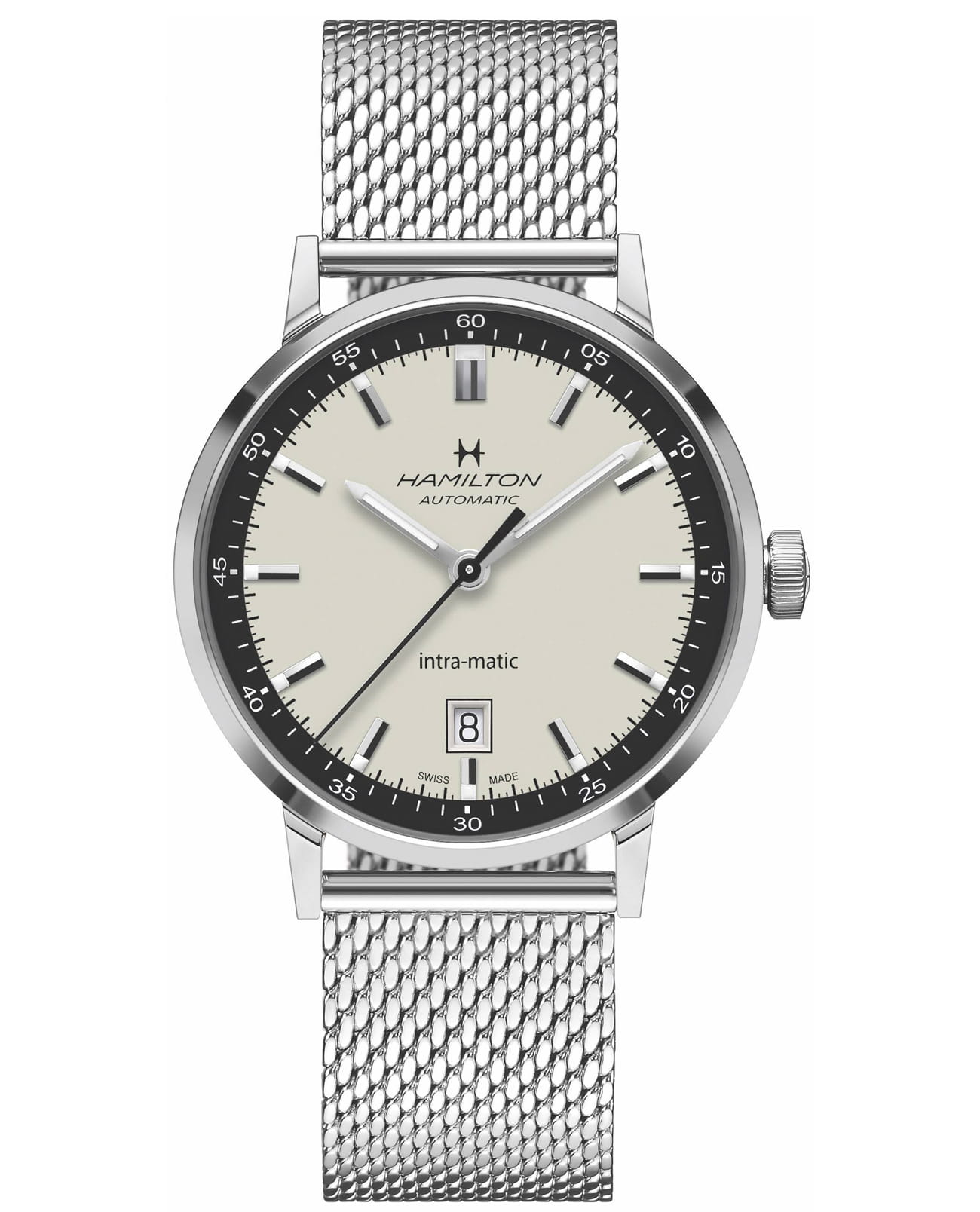 Hamilton Hamilton American Classic Intra-Matic Auto H38425120  H38425120 механические мужские часы белый циферблат, браслет нержавеющая сталь — вид спереди