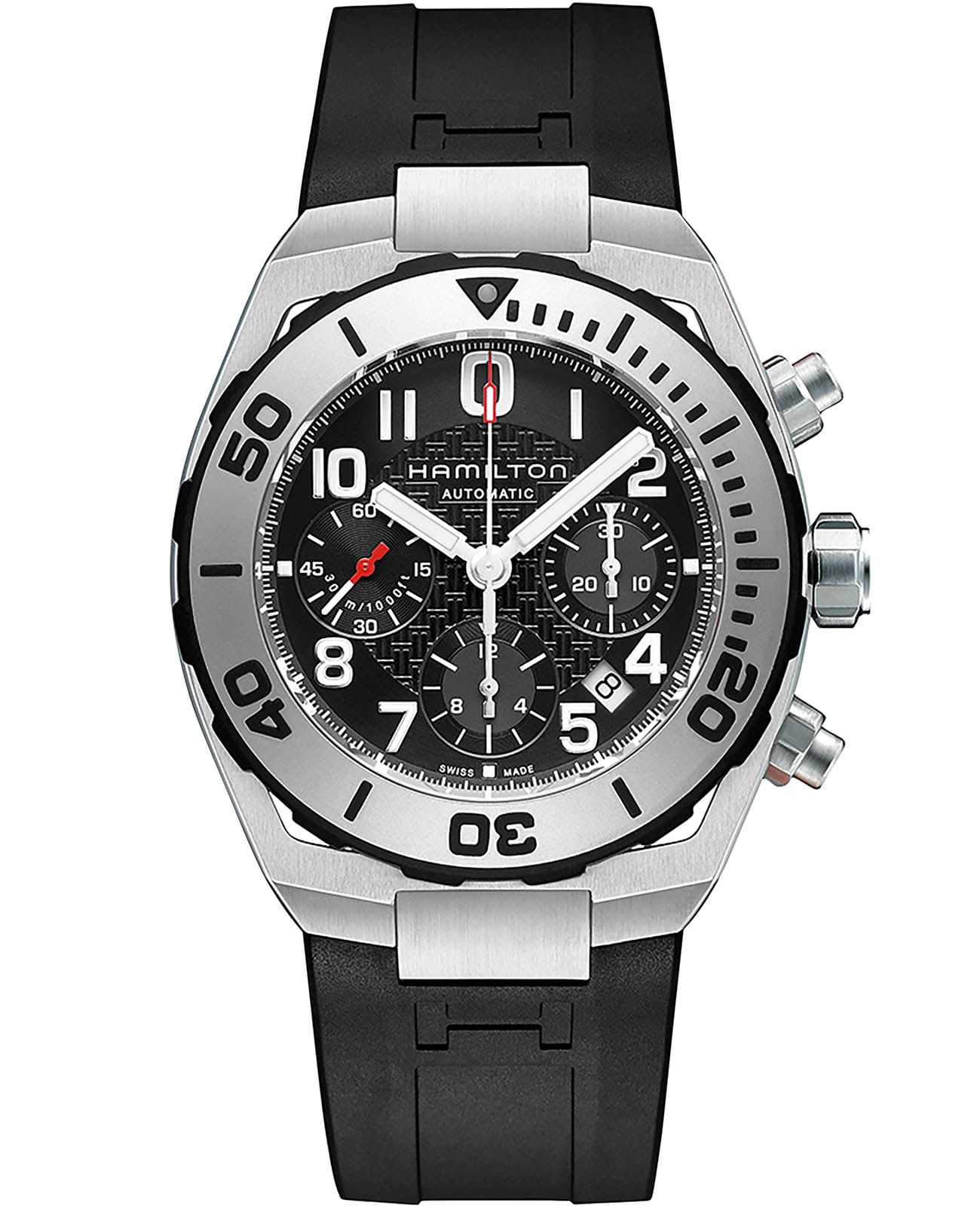 Hamilton Hamilton Khaki Navy Sub Auto Chrono H78716333  H78716333 механические мужские часы черный циферблат, браслет каучук — вид спереди