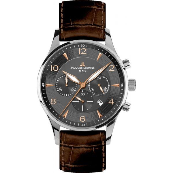 Jacques Lemans Jacques Lemans 1-1654F  1-1654F кварцевые мужские часы серый циферблат, браслет кожаный — вид спереди