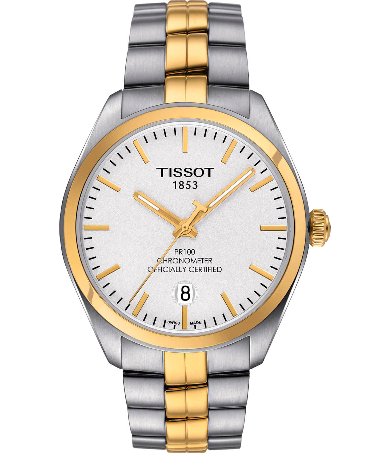 Tissot Tissot PR 100 COSC T101.451.22.031.00 PR 100 T1014512203100 кварцевые мужские часы белый циферблат, браслет сталь c pvd покрытием — вид спереди