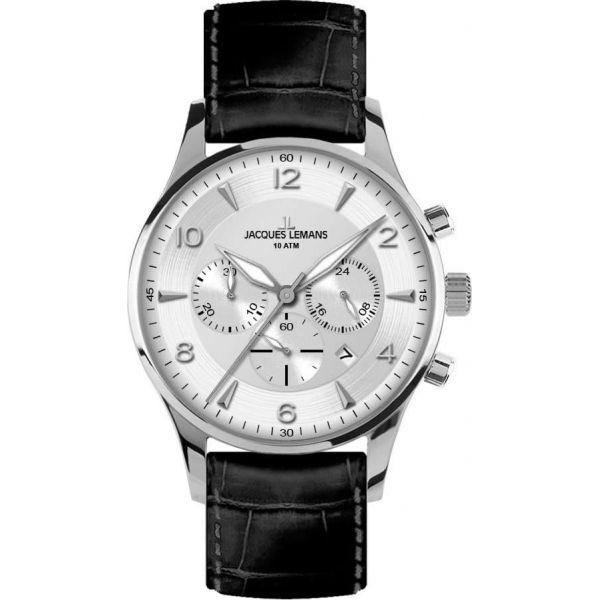 Jacques Lemans Jacques Lemans 1-1654B  1-1654B кварцевые мужские часы серый циферблат, браслет кожаный — вид спереди