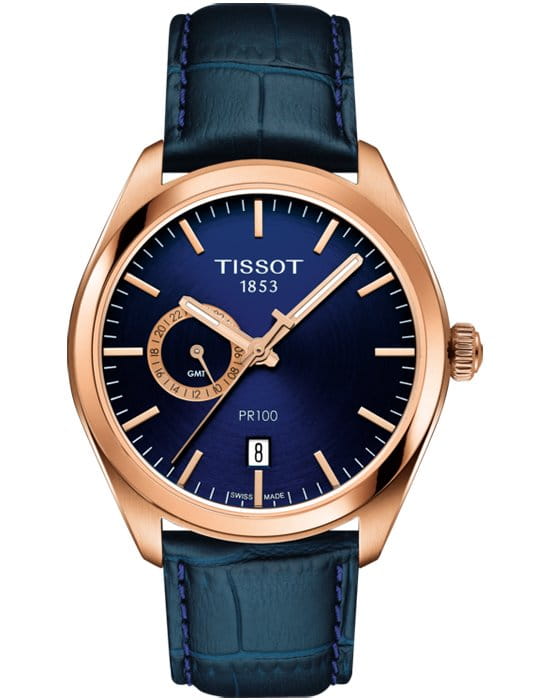 Tissot Tissot PR 100 Dual Time T101.452.36.041.00 PR 100 T1014523604100 кварцевые мужские часы синий циферблат, браслет кожаный — вид спереди