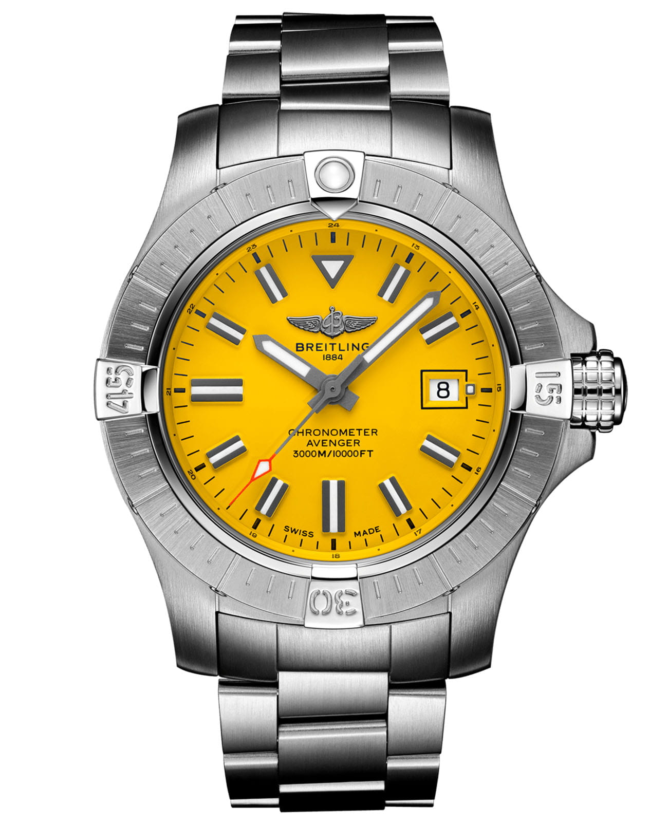 Breitling Breitling Avenger Automatic 43 A17319101I1A1  A17319101I1A1 механические мужские часы желтый циферблат, браслет нержавеющая сталь — вид спереди