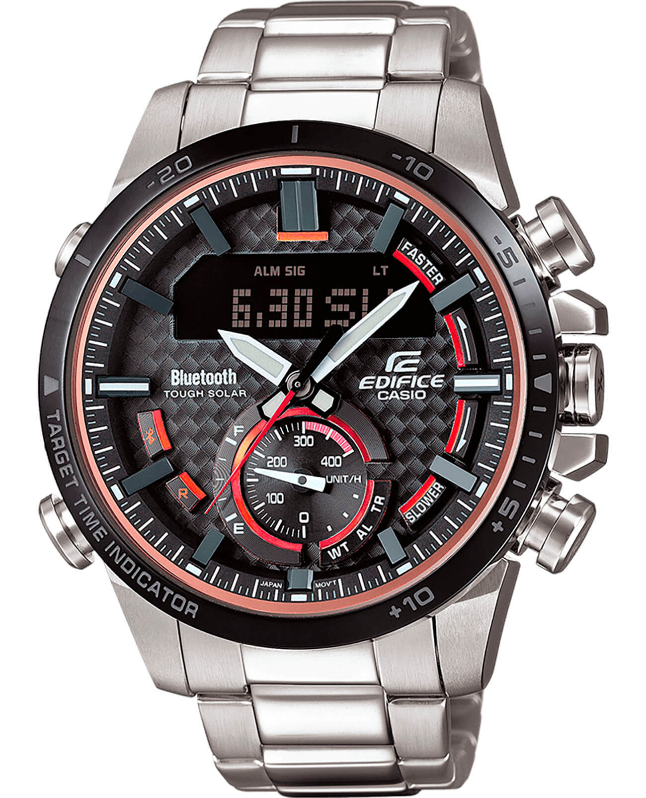 Casio Casio Edifice ECB-800DB-1A ECB ECB-800DB-1A кварцевые мужские часы черный циферблат, браслет нержавеющая сталь — вид спереди