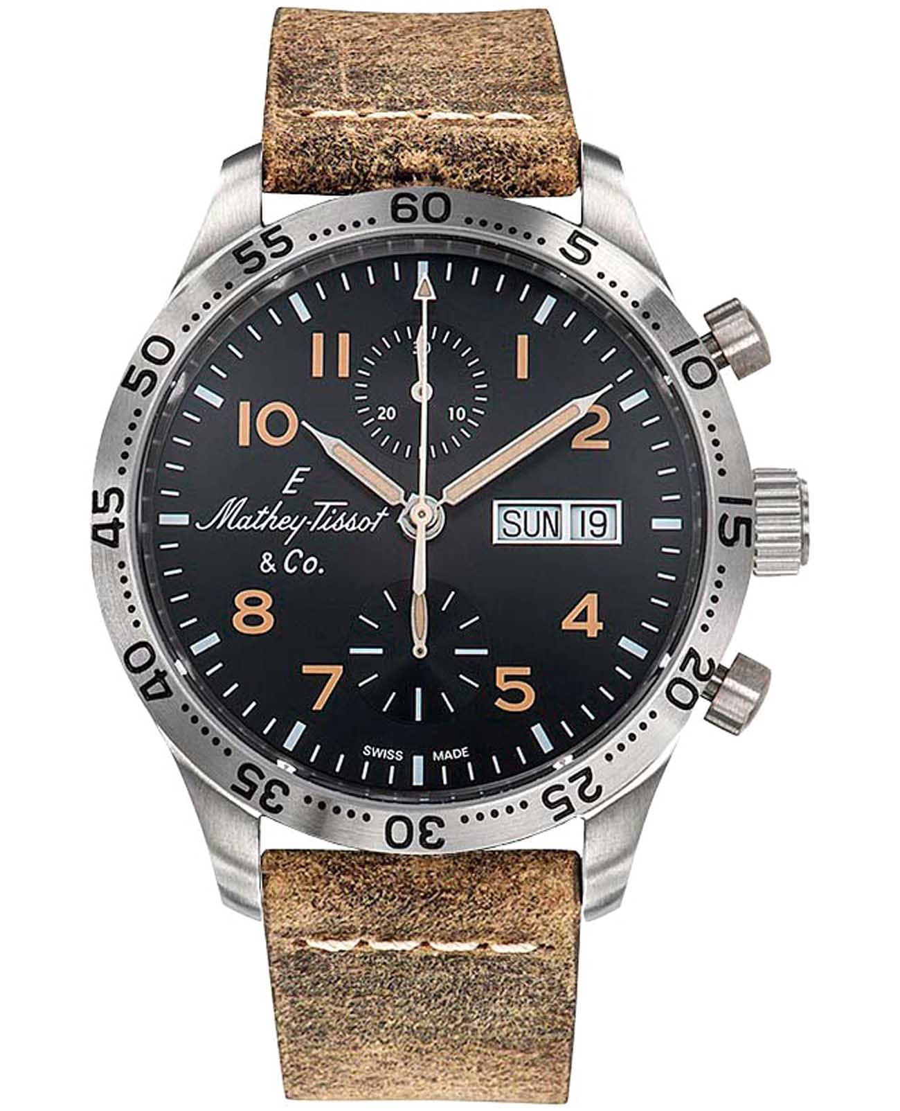 Mathey-Tissot Mathey-Tissot Type 21 H1821CHATLNO  H1821CHATLNO механические мужские часы черный циферблат, браслет кожаный — вид спереди