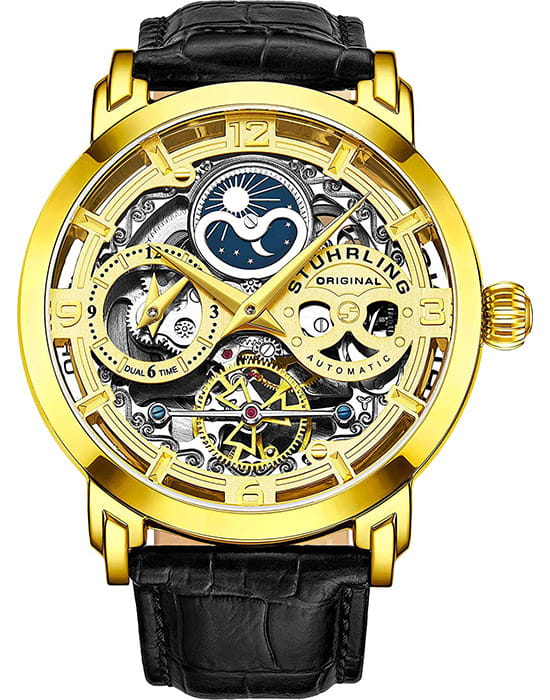 Stuhrling Stuhrling Legacy 3924.2  3924.2 механические мужские часы золотой циферблат, браслет кожаный — вид спереди